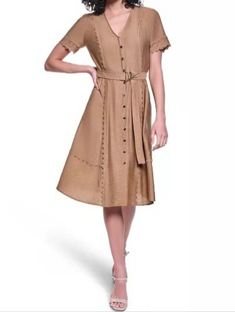 Women's Belted Nailhead Trim V-Neck Dress